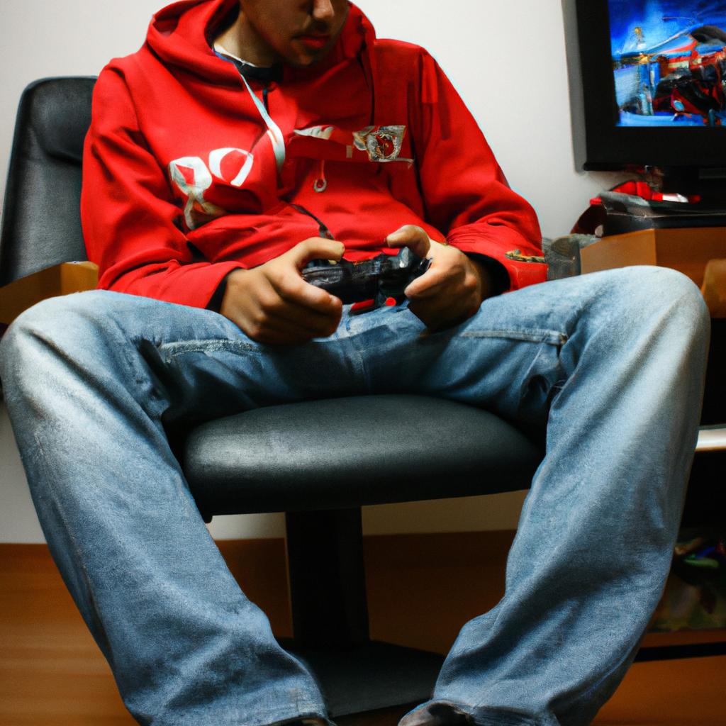 Person playing video game, thinking