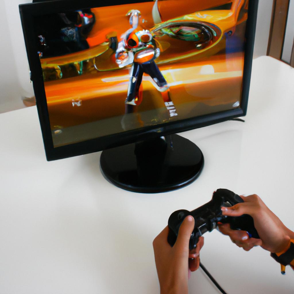 Person playing video game simulation
